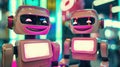 Two joyful robots with digital faces in playful interaction, capturing the essence of friendship and technology