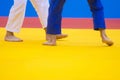 Two judo fighters in white and blue uniform Royalty Free Stock Photo