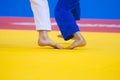 Two judo fighters in white and blue uniform Royalty Free Stock Photo