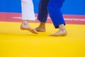 Two judo fighters in white and blue uniform Royalty Free Stock Photo