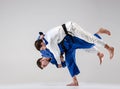 The two judokas fighters fighting men Royalty Free Stock Photo