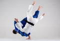 The two judokas fighters fighting men Royalty Free Stock Photo