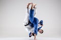 The two judokas fighters fighting men Royalty Free Stock Photo