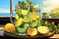 Two jugs filled with lemons and mint leaves, lemonade, majito on blue sry background. Generative AI Royalty Free Stock Photo