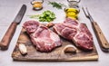 Two juicy fresh raw pork steak on a cutting board with garlic, oil, herbs, a knife and fork on wooden rustic background top view c Royalty Free Stock Photo