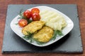 Two juicy fried meat patties on a white plate with cherry tomatoes Royalty Free Stock Photo