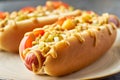 Two juicy hot dogs close-up on dish over stone table