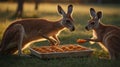 Two Kangaroos enjoying a snack in the Australian Outback at sunset. Royalty Free Stock Photo