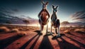 Two kangaroos standing upright in an Australian desert landscape