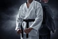 Two karate martial arts fighter on dark background Royalty Free Stock Photo