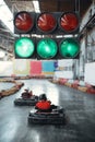 Two kart racers starts race, green traffic light