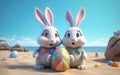 Two kawaii rabbits on a sunny beach with Easter eggs,