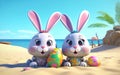 Two kawaii rabbits on a sunny beach with Easter eggs,