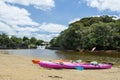 Two kayaks in front of Haruru Falls Royalty Free Stock Photo