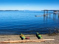 Two kayaks on the Glass Beach with a view on Mt. Baker from Sidney, Vancouver Island, Canada Royalty Free Stock Photo