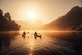 Two kayaks at sunrise on a lake in the mountains can be a serene and picturesque scene. Generative AI