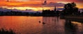 Two kayaks in the sunset on the Schwerin lake with old town in the background. Mecklenburg-Vorpommern, Pomerania, Germany Royalty Free Stock Photo