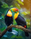 Two Keel-billed Toucans sitting on a branch in Costa Rican forest