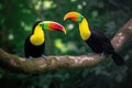 Two Keel-billed Toucans sitting on a branch in Costa Rican forest