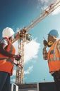 Two key players in the construction industry. a young man and woman working with a crane at a construction site. Royalty Free Stock Photo