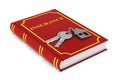 Two keys and trinket house and red book on white background. iso