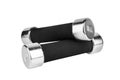Two 1 kg dumbbells white background isolated closeup, metal barbells with black handle set, pair fitness bar-bells sport equipment