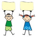 Two kids with banners, boy and girl, funny vector illustration