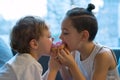 Two kids bite off a donut and having fun. two boys together bite from the donut. children enjoy a donut with strawberry