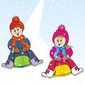 two kids with bobsed, funny vector picture Royalty Free Stock Photo