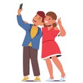 Two Kids Boy And Girl Characters Grinning Widely, Heads Close Together, Capturing A Joyous Moment In A Playful Selfie