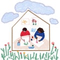 Two kids a boy and a girl siting and painting occupying themselves illustration