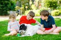 Two kids boys and little toddler girl playing with family dog in garden. Three children, adorable siblings having fun Royalty Free Stock Photo