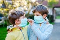 Two kids boys in medical mask as protection against pandemic coronavirus disease. Children, lovely siblings and best