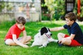 Two kids boys playing with family dog in garden. Laughing children, adorable siblings having fun with dog, with running Royalty Free Stock Photo