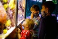 Two kids boys and toddler girl visiting together zoo aquarium. Three children watching fishes and jellyfishes. School Royalty Free Stock Photo