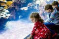 Two kids boys and toddler girl visiting together zoo aquarium. Three children watching fishes and jellyfishes. School Royalty Free Stock Photo