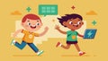 Two kids cheer each other on as they race to solve a tricky math word problem using coding and programming techniques