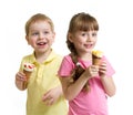 Two kids with cone ice cream isolated Royalty Free Stock Photo