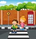 Two kids crossing the street illustration