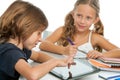 Two kids doing homework on digital tablet. Royalty Free Stock Photo