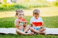 Two kids eat watermelon in the garden. Kids eat fruit outdoors. Healthy snack for children.Toddlers girl and boy enjoy