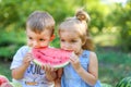 Two kids eating one slice of watermelon in the garden. Kids eat fruit outdoors. Healthy snack for children. 2 years old girl and Royalty Free Stock Photo
