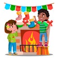 Two Kids Hanging Christmas Socks On Decorated Fireplace Vector. Isolated Illustration