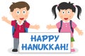 Two Kids with Happy Hanukkah Banner