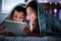 Two kids holding digital tablet while lying under blanket in the dark at night reading online book, watching or playing Royalty Free Stock Photo