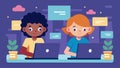 Two kids huddled over a coding workshop eagerly typing away on their laptops.. Vector illustration.