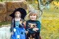 Two kids like skeleton or witch Ready for Trick or Treat. Surprised group little zombie in Halloween costume eating