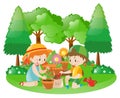 Two kids planting tree in garden