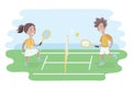 Two kids play tennis on court. Girls and boy Royalty Free Stock Photo