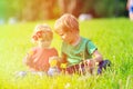 Two kids playing with dandelions on green grass Royalty Free Stock Photo